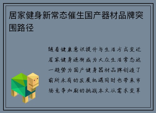 居家健身新常态催生国产器材品牌突围路径