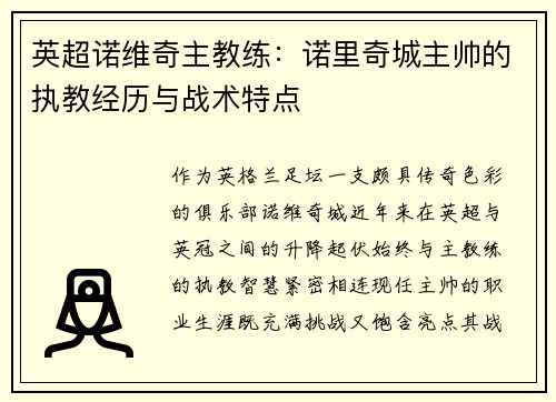 英超诺维奇主教练：诺里奇城主帅的执教经历与战术特点
