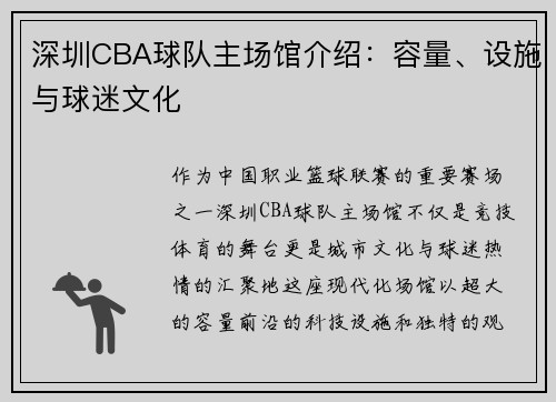 深圳CBA球队主场馆介绍：容量、设施与球迷文化