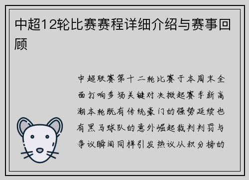 中超12轮比赛赛程详细介绍与赛事回顾